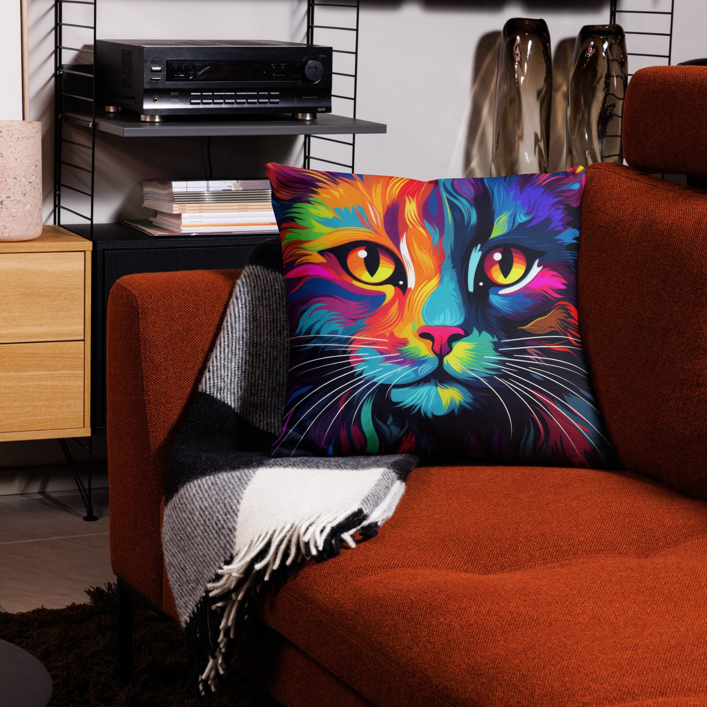 Day Glo Kitty Premium Pillow – Neon Cat Decorative Throw Pillow