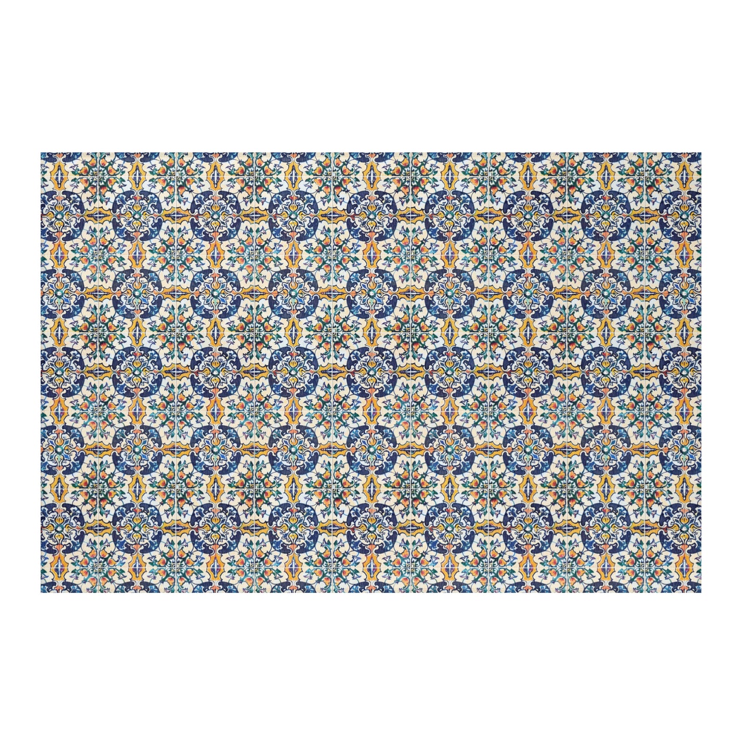 Portuguese tile rug styled in colorful living room décor