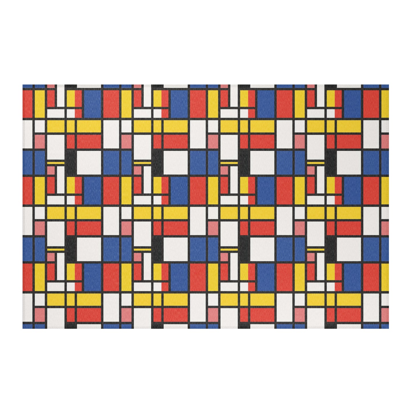 Colorful geometric Mondrian rug styled in modern living room