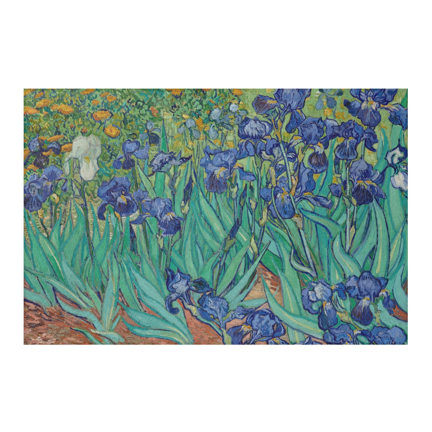 Van Gogh Irises rug styled in modern living room with sofa