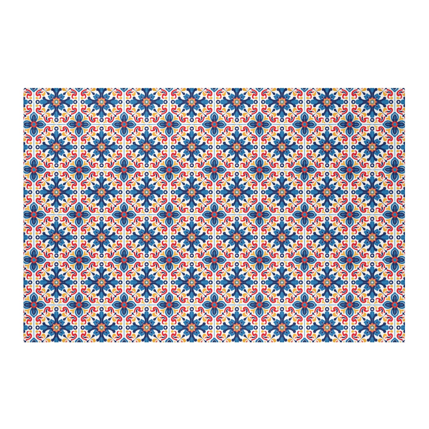 Talavera patterned rug styled in living room with colorful décor