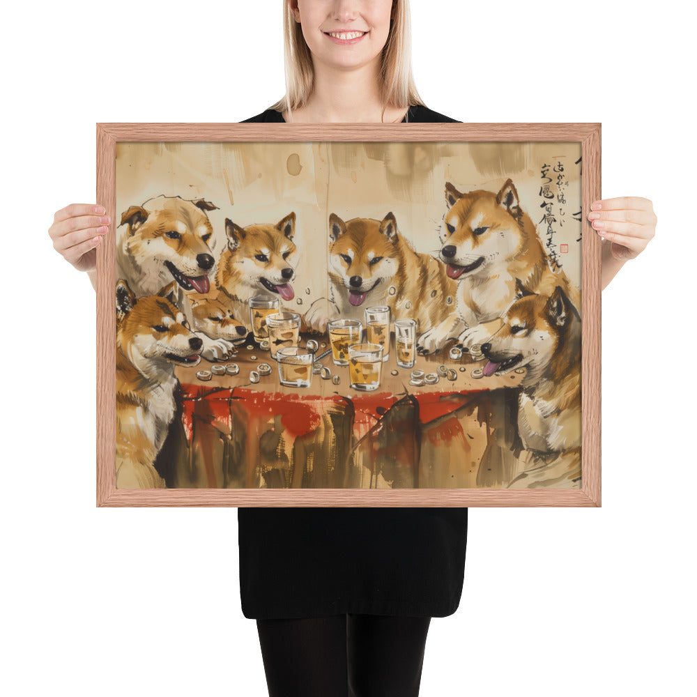 Shiba Inu Gambling Party Framed Poster – 18x24 Red Oak Frame