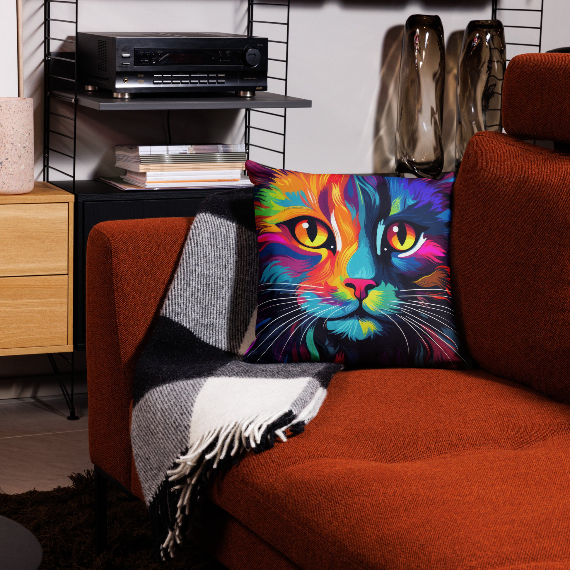 Bright neon cat throw pillow styled on couch in colorful living room
