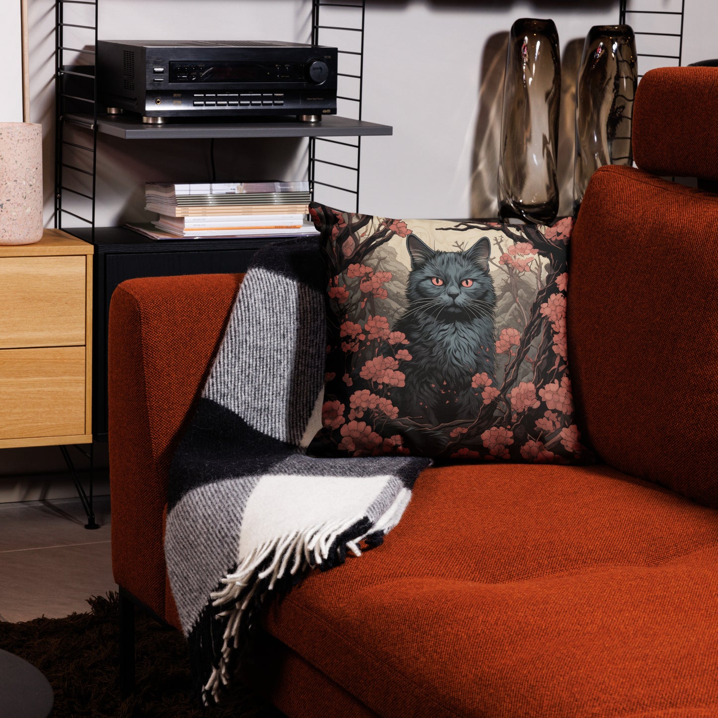 Decorative gray cat throw pillow inspired by traditional Japanese ukiyo-e artwork