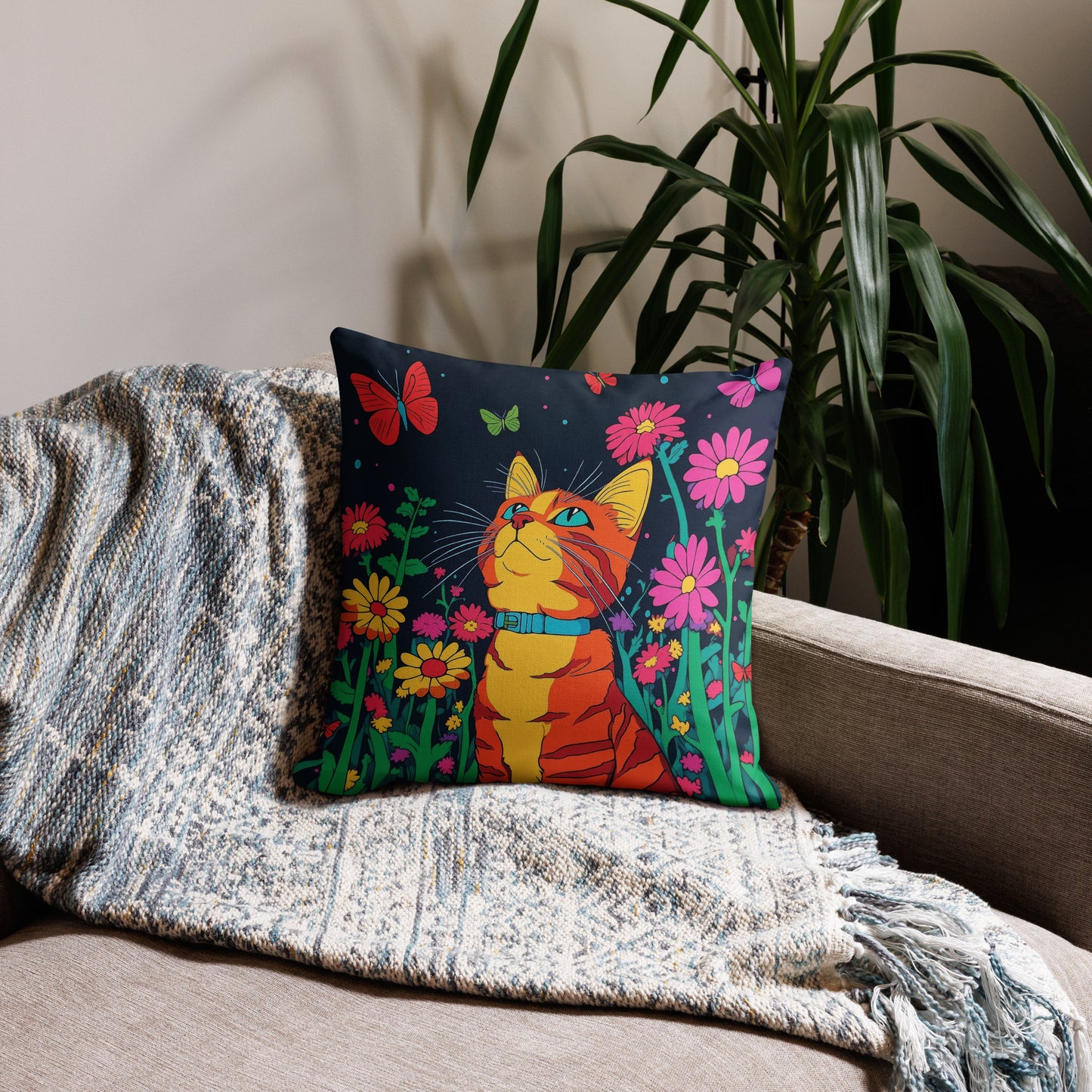 Colorful orange cat accent pillow with flower and butterfly design