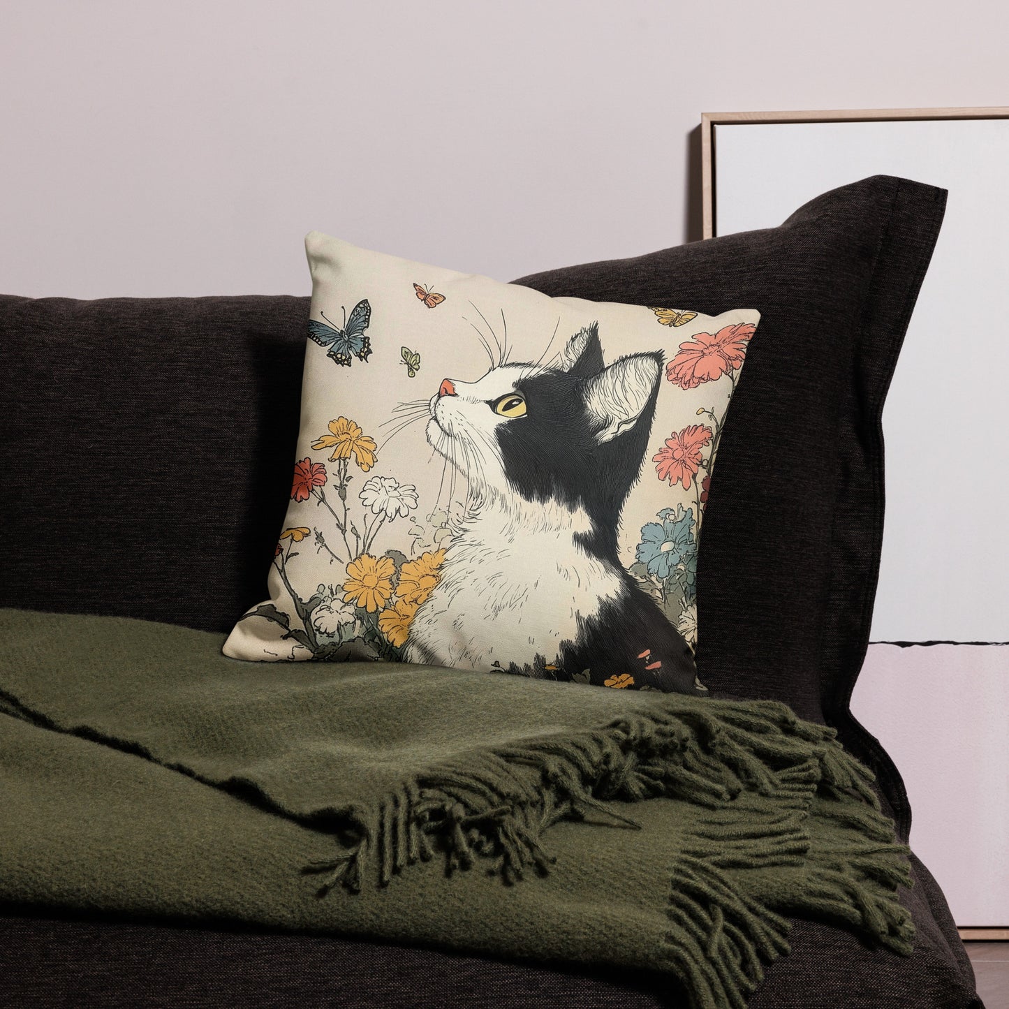 Butterfly and flower cat accent pillow for artistic home décor