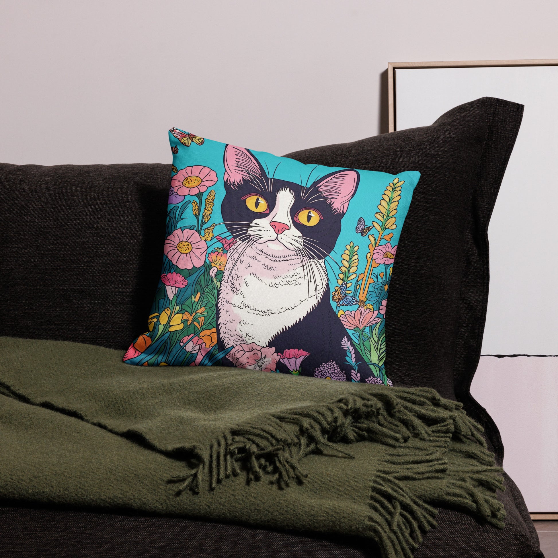 Butterfly floral cat accent pillow for colorful home décor