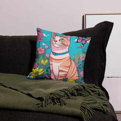 Orange cat floral accent pillow with butterfly artwork for home décor