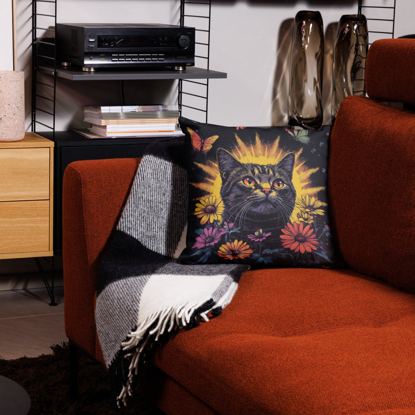 Fantasy tabby cat accent pillow with flowers and butterflies for home décor