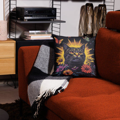 Fantasy tabby cat accent pillow with flowers and butterflies for home décor