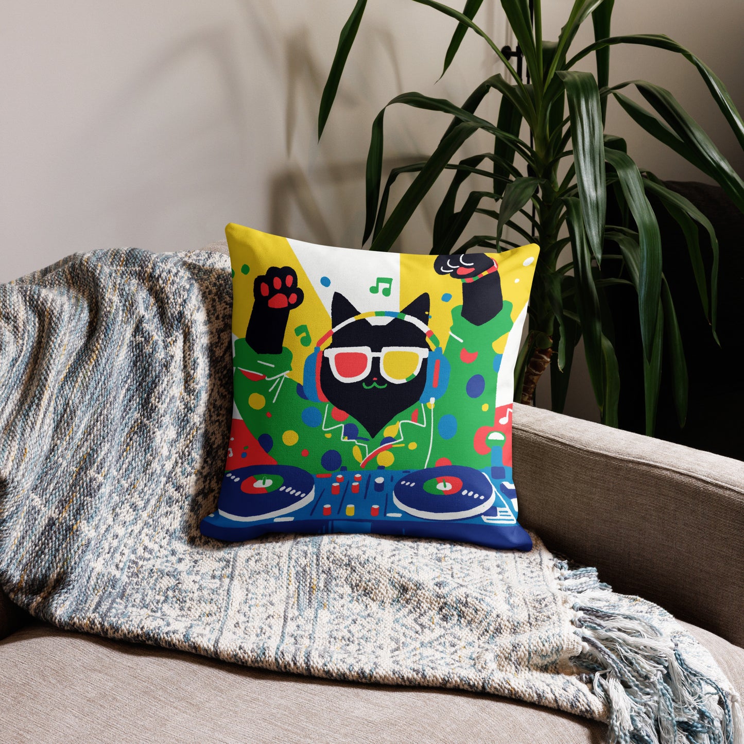 Music-themed cat throw pillow styled in studio or living room