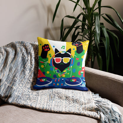 Music-themed cat throw pillow styled in studio or living room