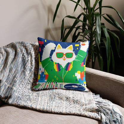 Funny DJ cat throw pillow styled in music studio or living room