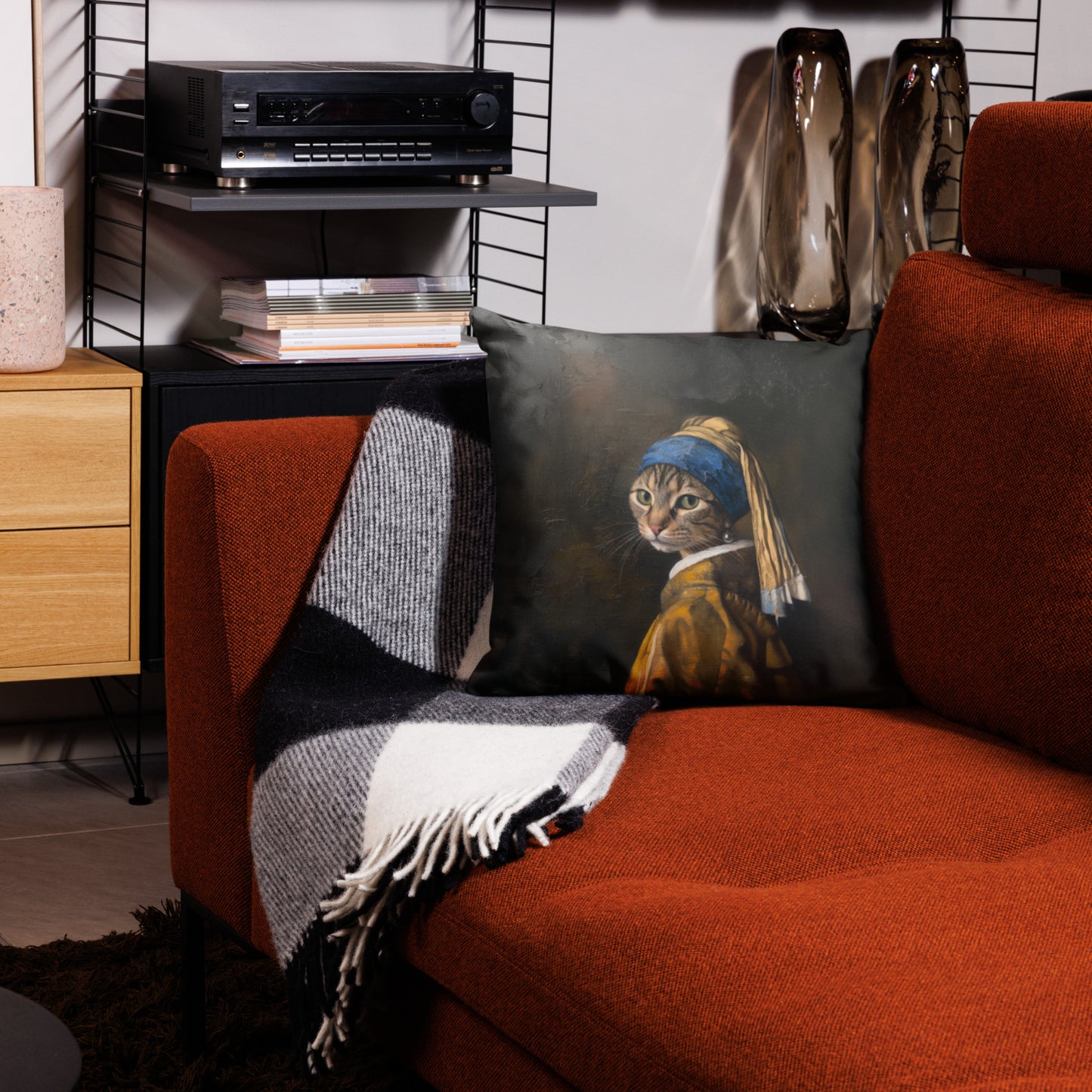 Funny cat art accent pillow with classic Girl with a Pearl Earring parody design – 18x18 Front