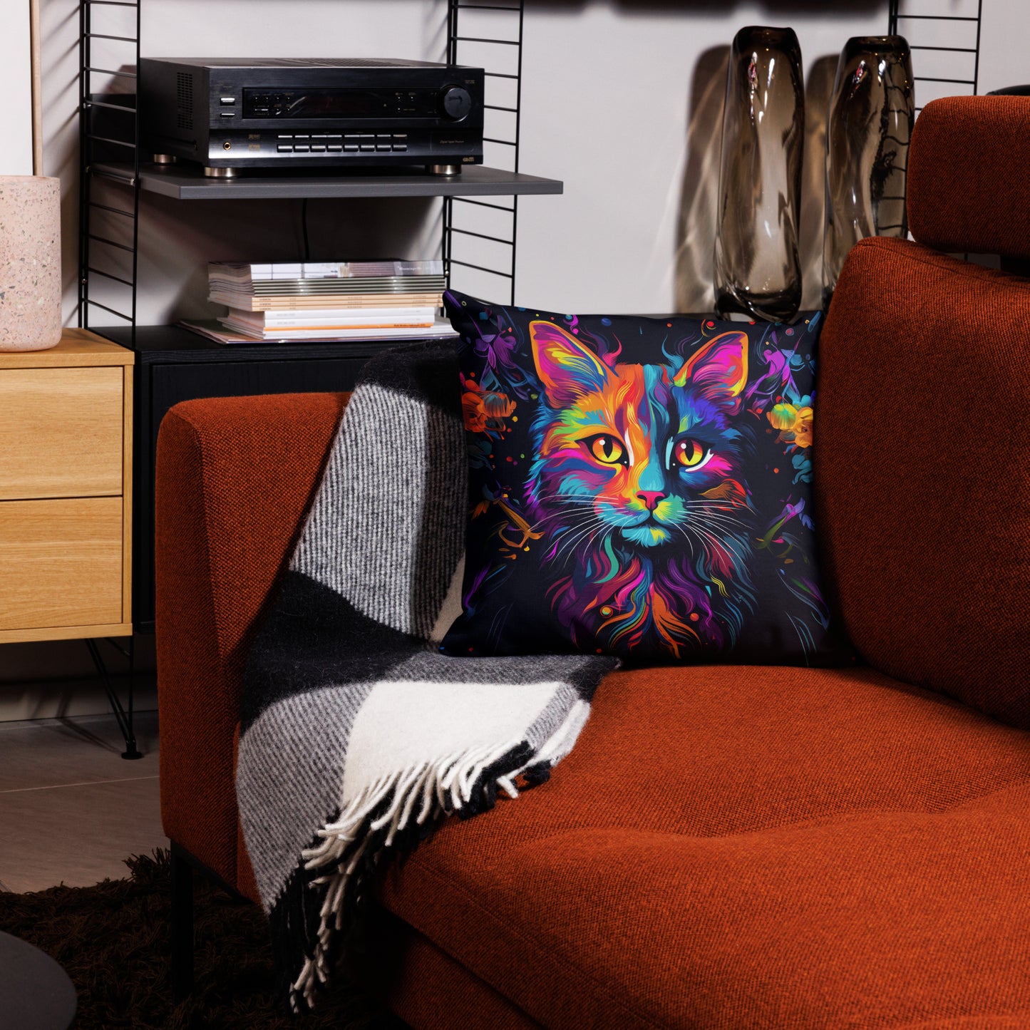 Colorful cat accent pillow for retro and modern home décor