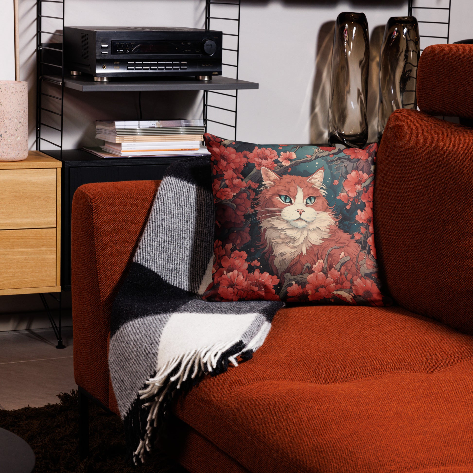 Ukiyo-e style white and orange cat decorative throw pillow with Japanese art design