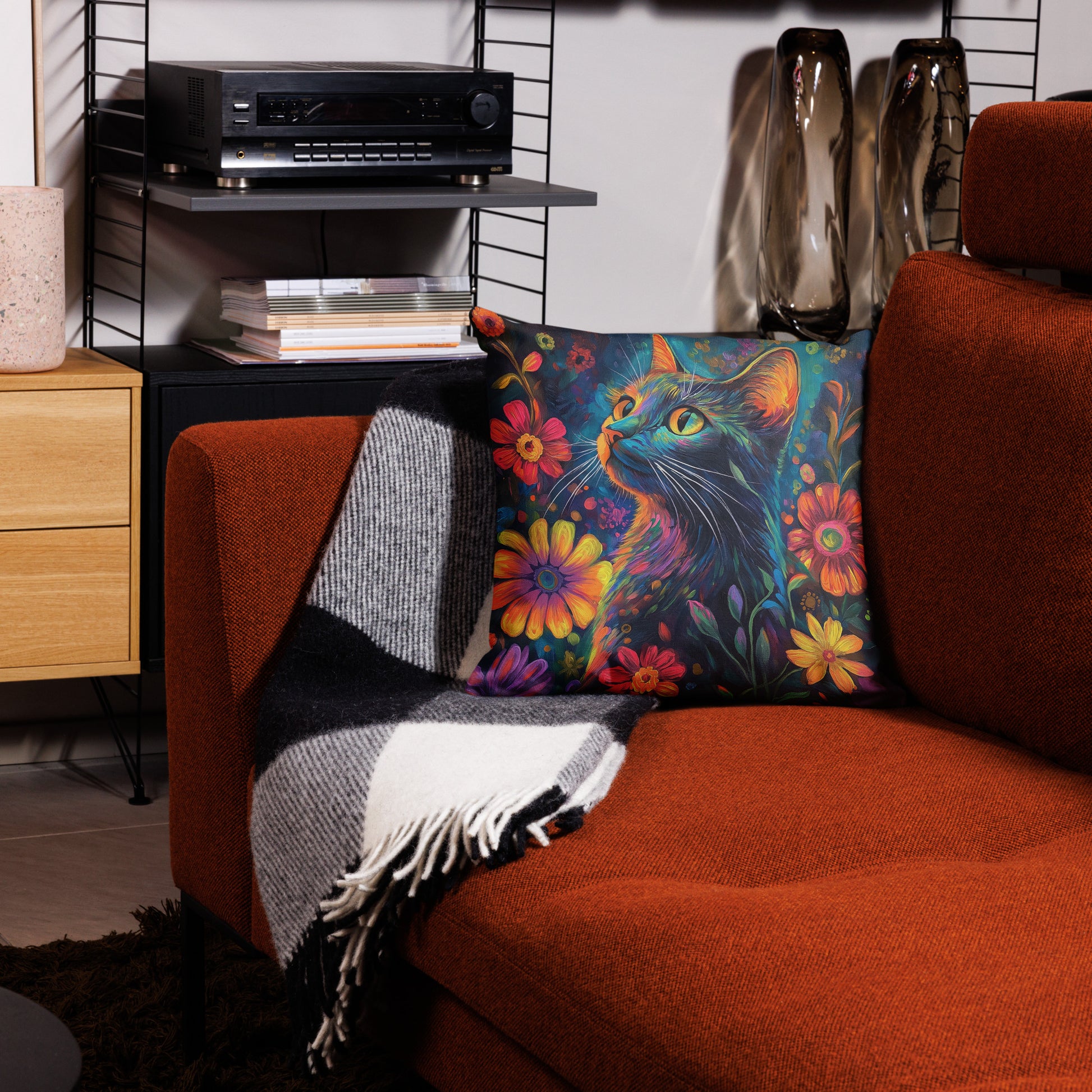 Floral cat accent pillow for colorful home décor