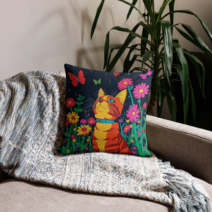 Orange cat decorative throw pillow with butterflies and floral artwork