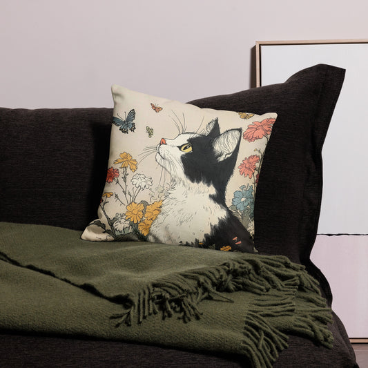 Black and white cat decorative throw pillow with butterflies and floral artwork
