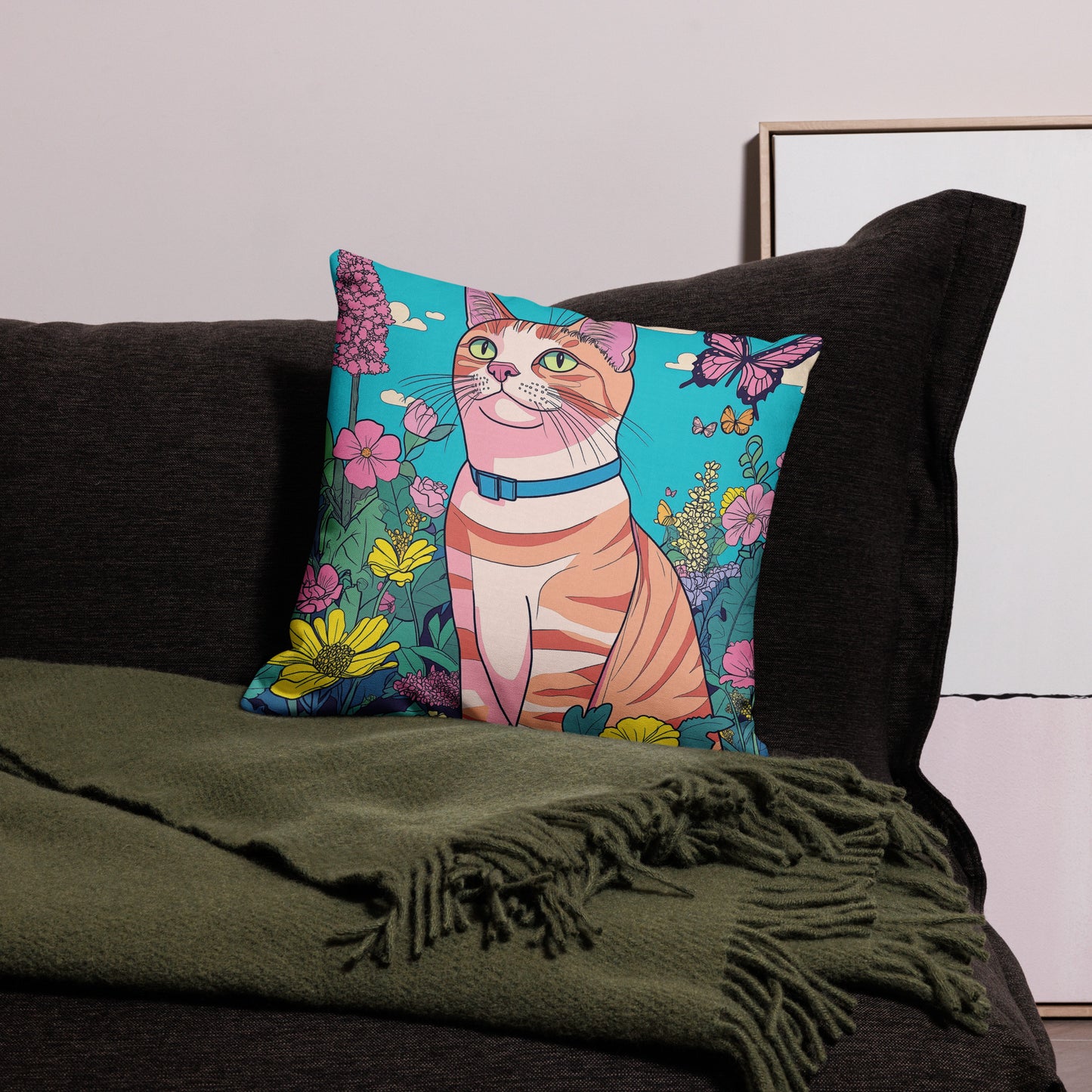 Colorful orange cat decorative throw pillow with butterflies and flowers artwork