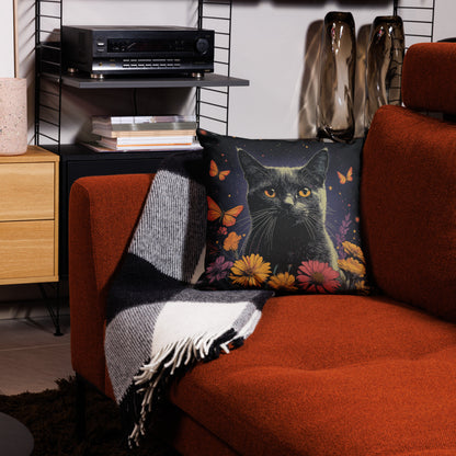Dark gray cat decorative throw pillow with butterflies and floral fantasy artwork