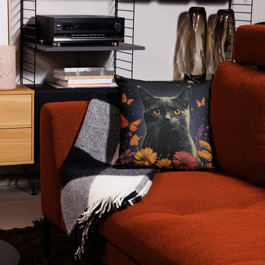 Dark gray cat decorative throw pillow with butterflies and floral fantasy artwork