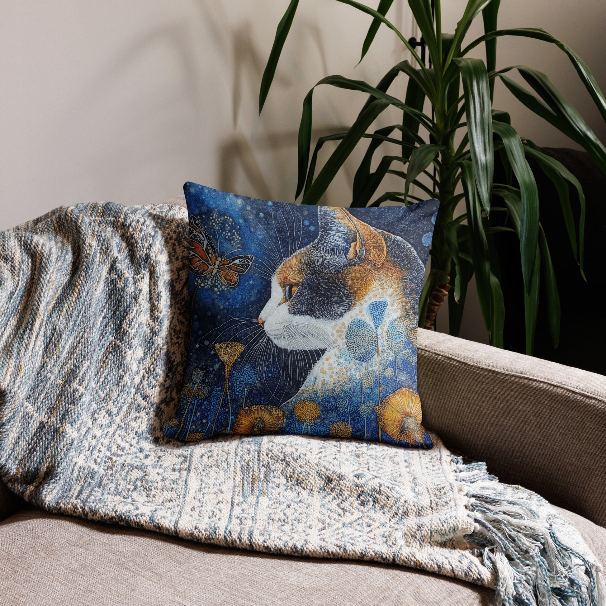 Mystical calico cat decorative throw pillow with butterflies and floral fantasy artwork