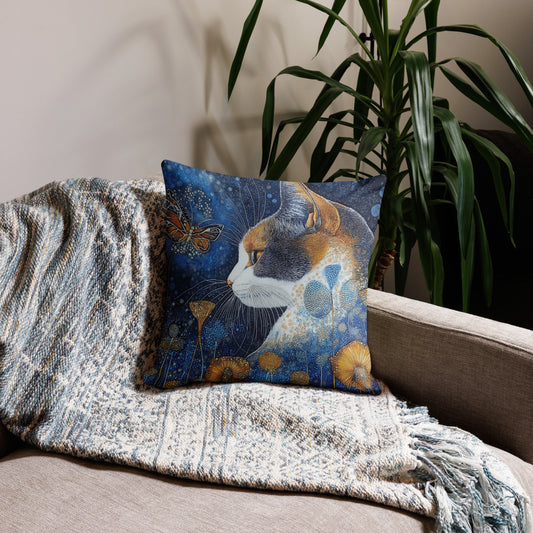 Mystical calico cat decorative throw pillow with butterflies and floral fantasy artwork