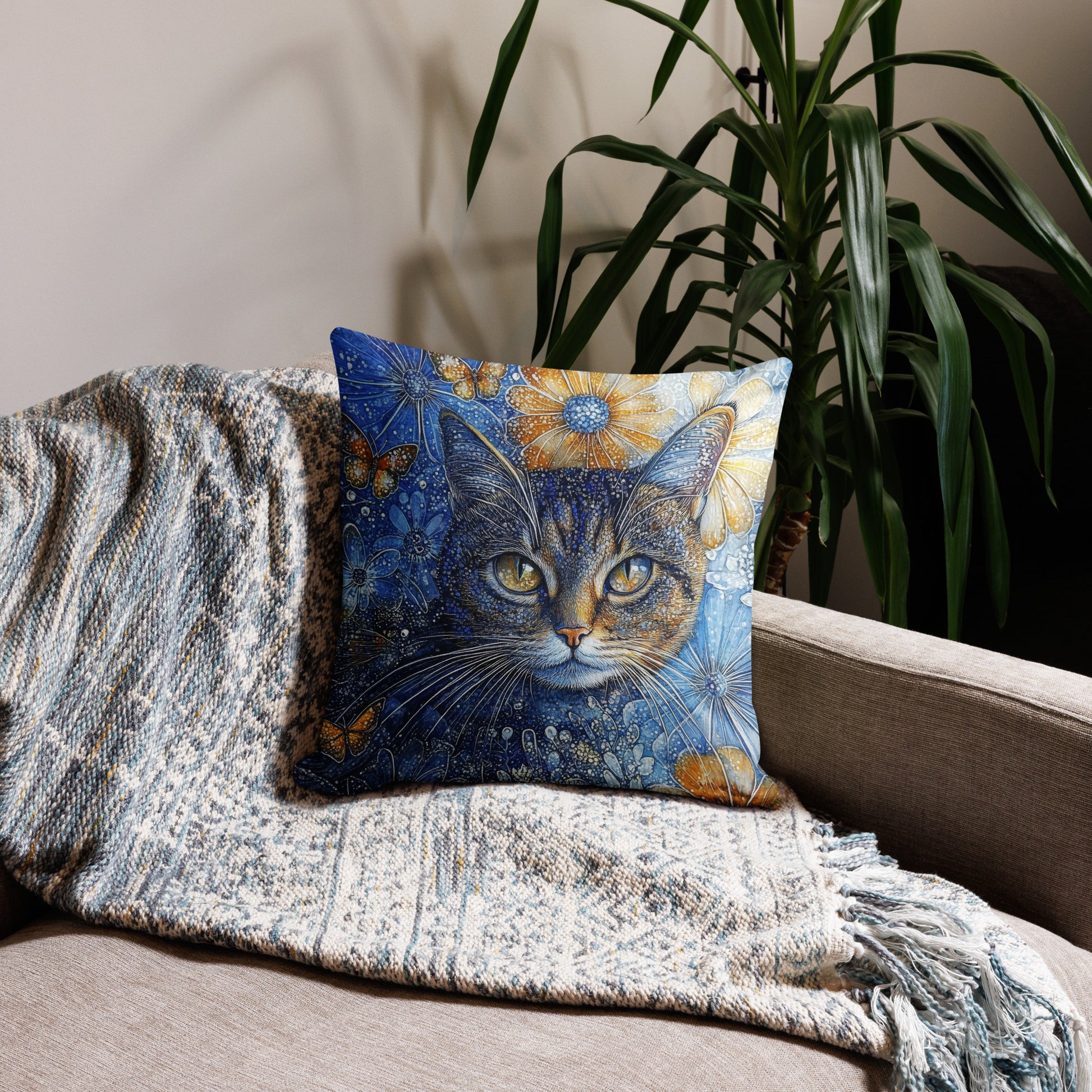 Mystical tabby cat decorative throw pillow with butterflies and flowers fantasy artwork
