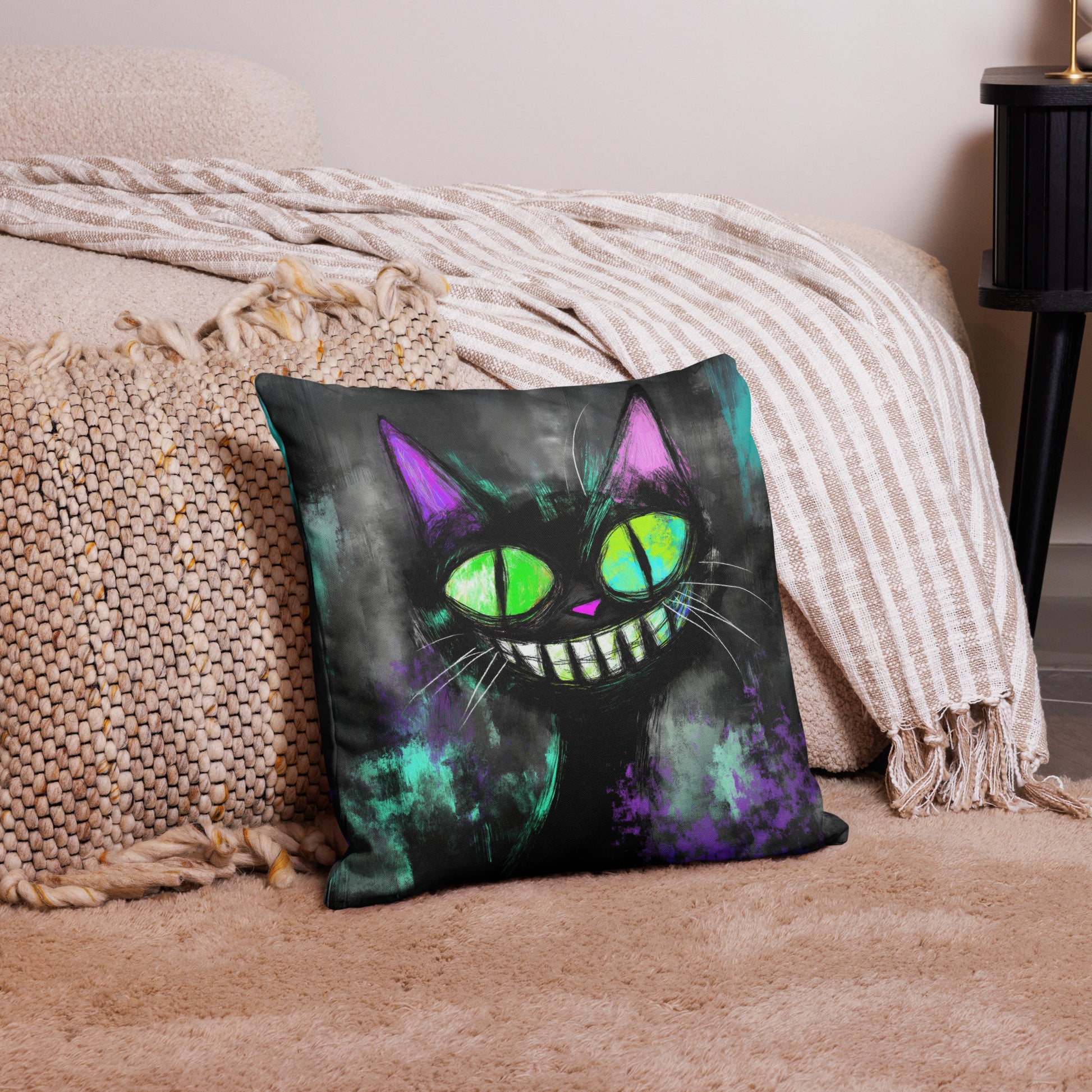 Gothic Cheshire Cat accent pillow for dark aesthetic home décor