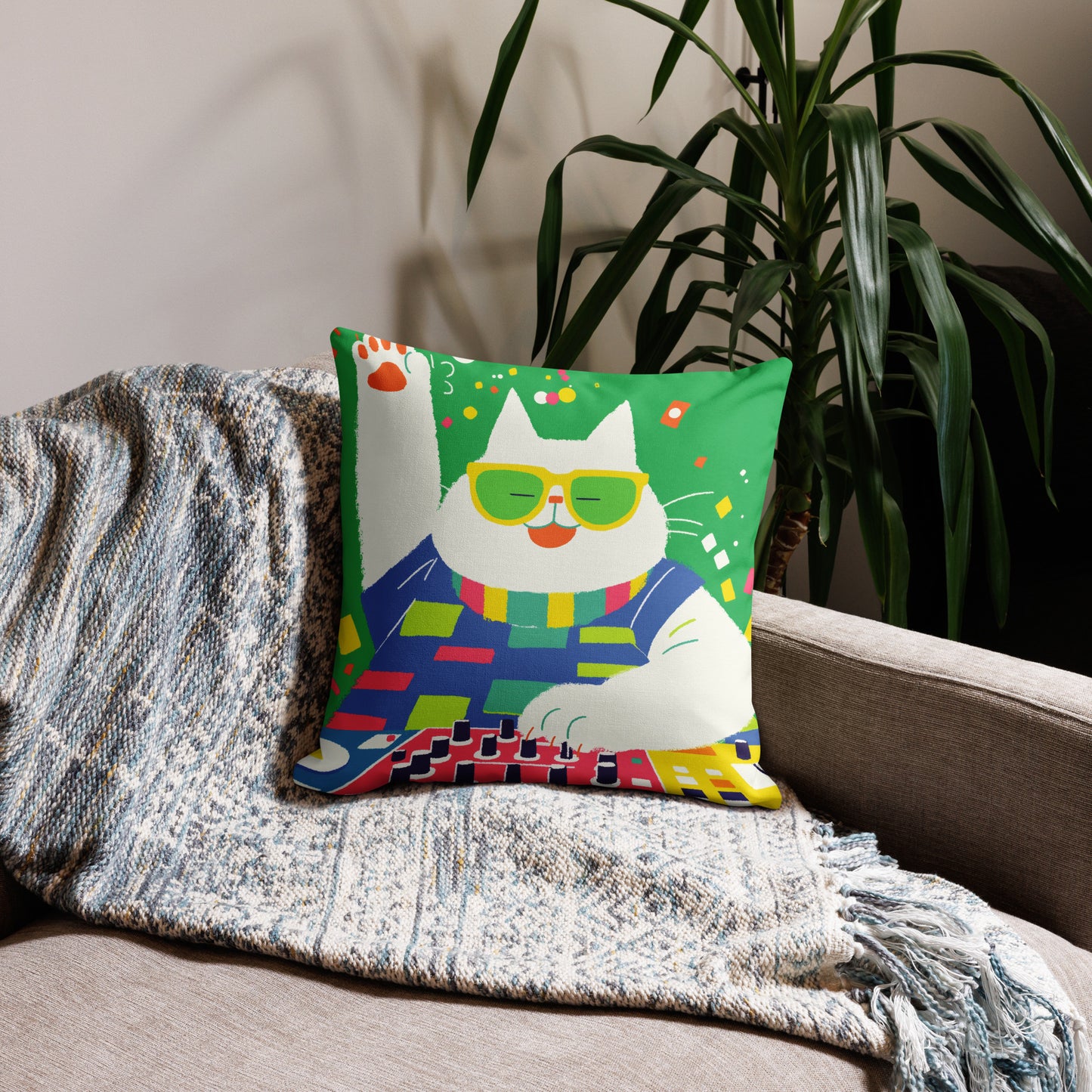 Funny chonk cat accent pillow for DJs and music lovers