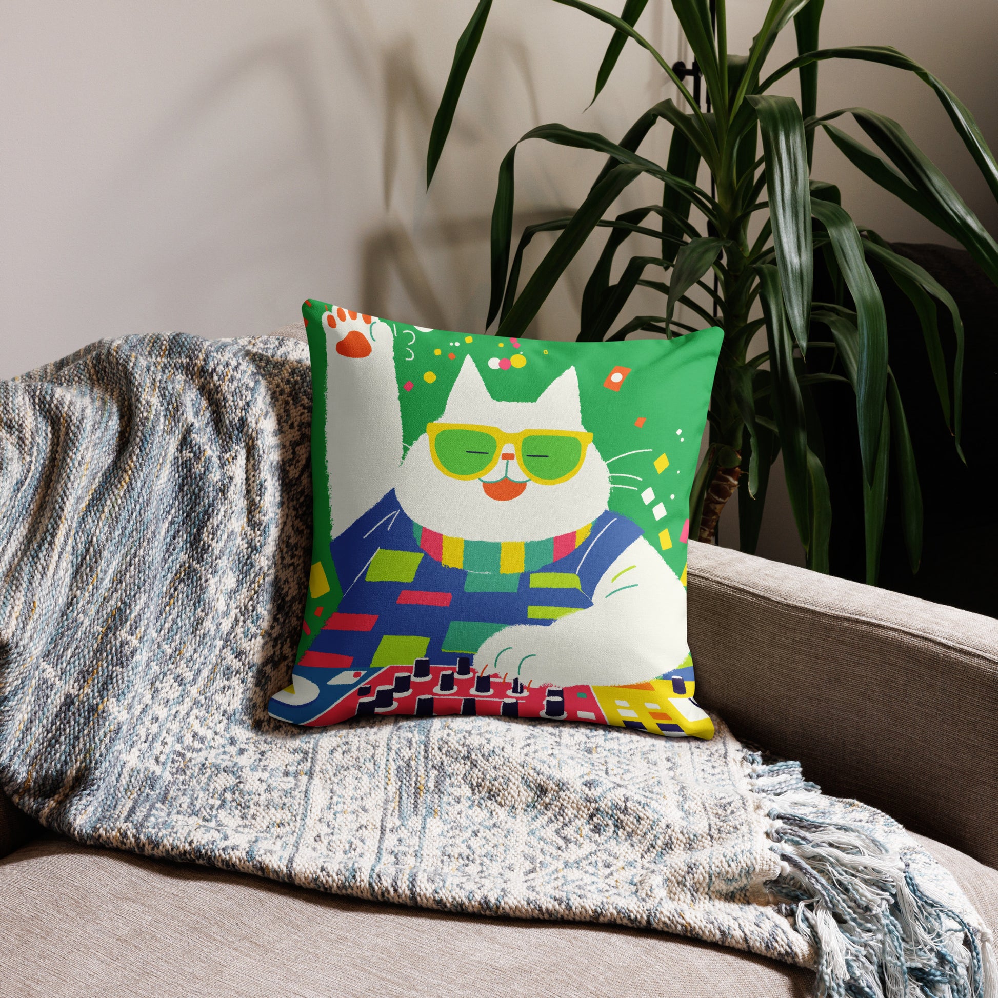 Funny chonk cat accent pillow for DJs and music lovers