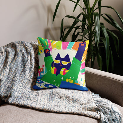 Music-themed cat accent pillow for DJs and cat lovers