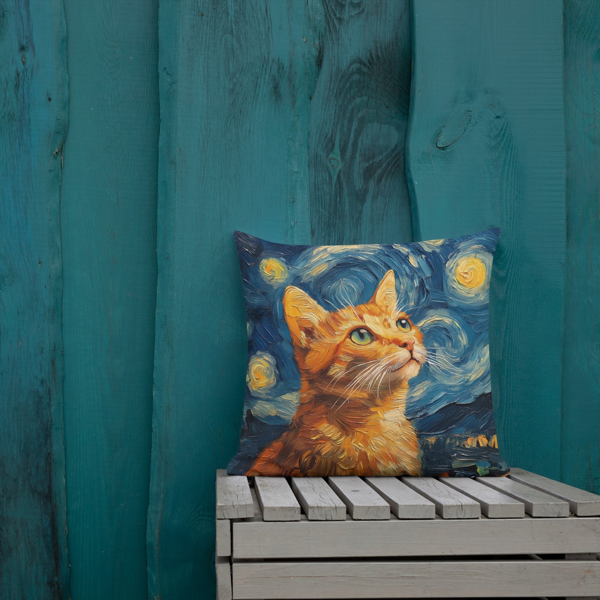 Artistic orange tabby throw pillow styled on couch in modern home décor