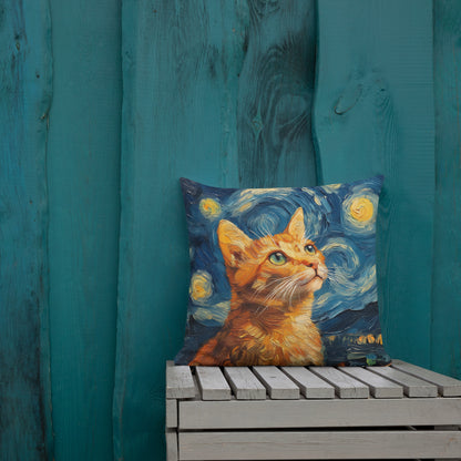 Artistic orange tabby throw pillow styled on couch in modern home décor