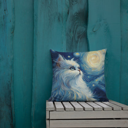 Artistic Persian cat throw pillow styled on couch in modern home décor