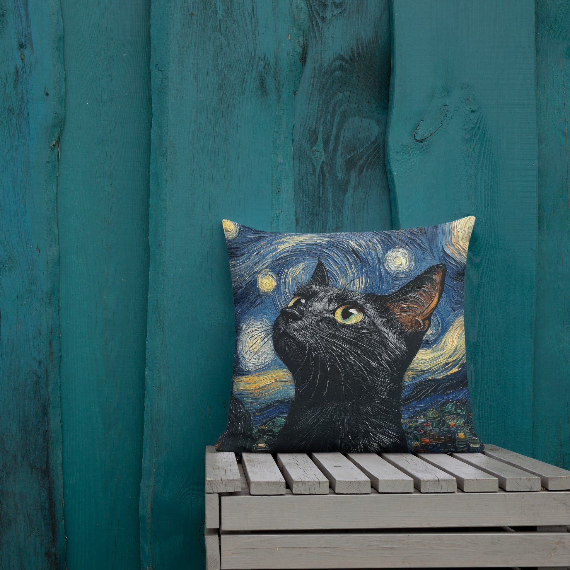 Black cat throw pillow styled on couch with Starry Night inspired design