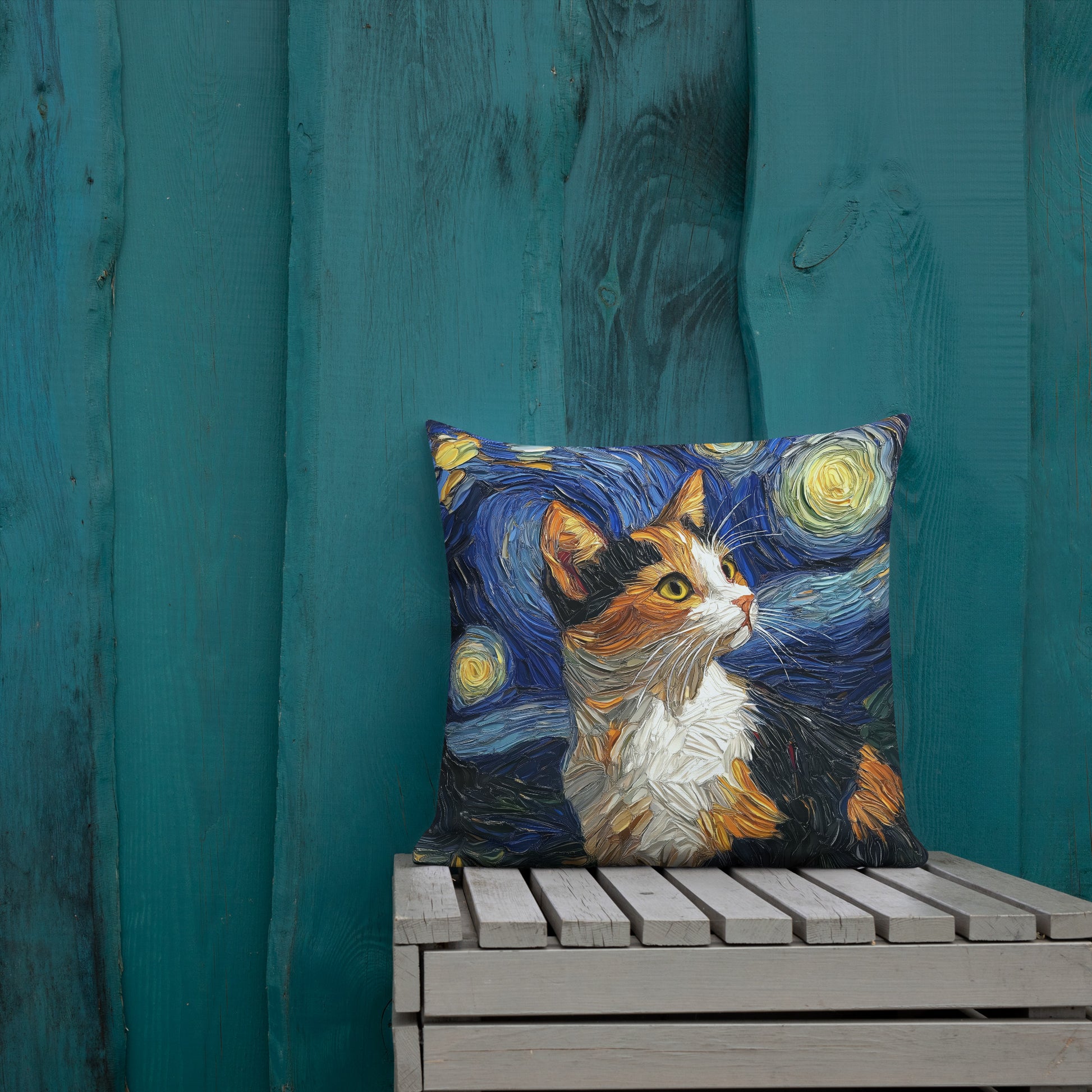 Artistic calico cat throw pillow styled on couch in modern home décor