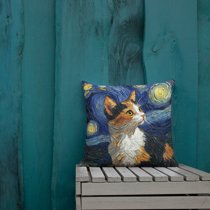 Artistic calico cat throw pillow styled on couch in modern home décor