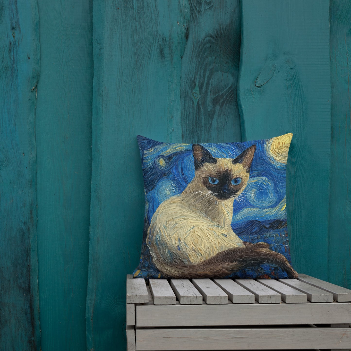 Artistic Siamese cat throw pillow styled on couch in modern home décor