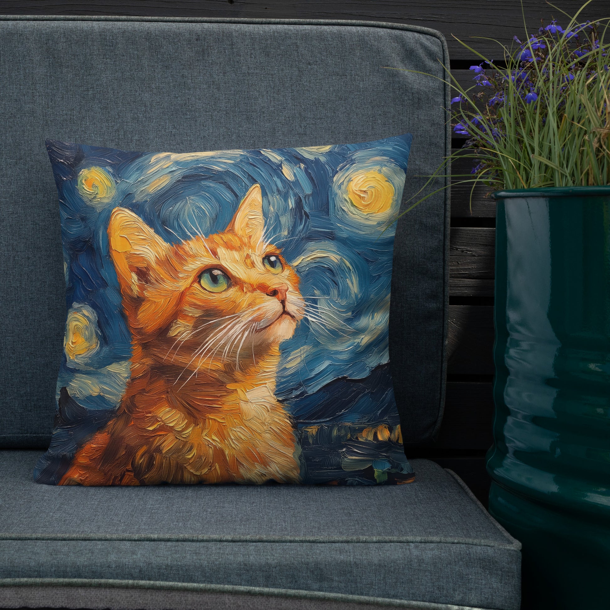 Van Gogh inspired orange cat accent pillow for living room décor