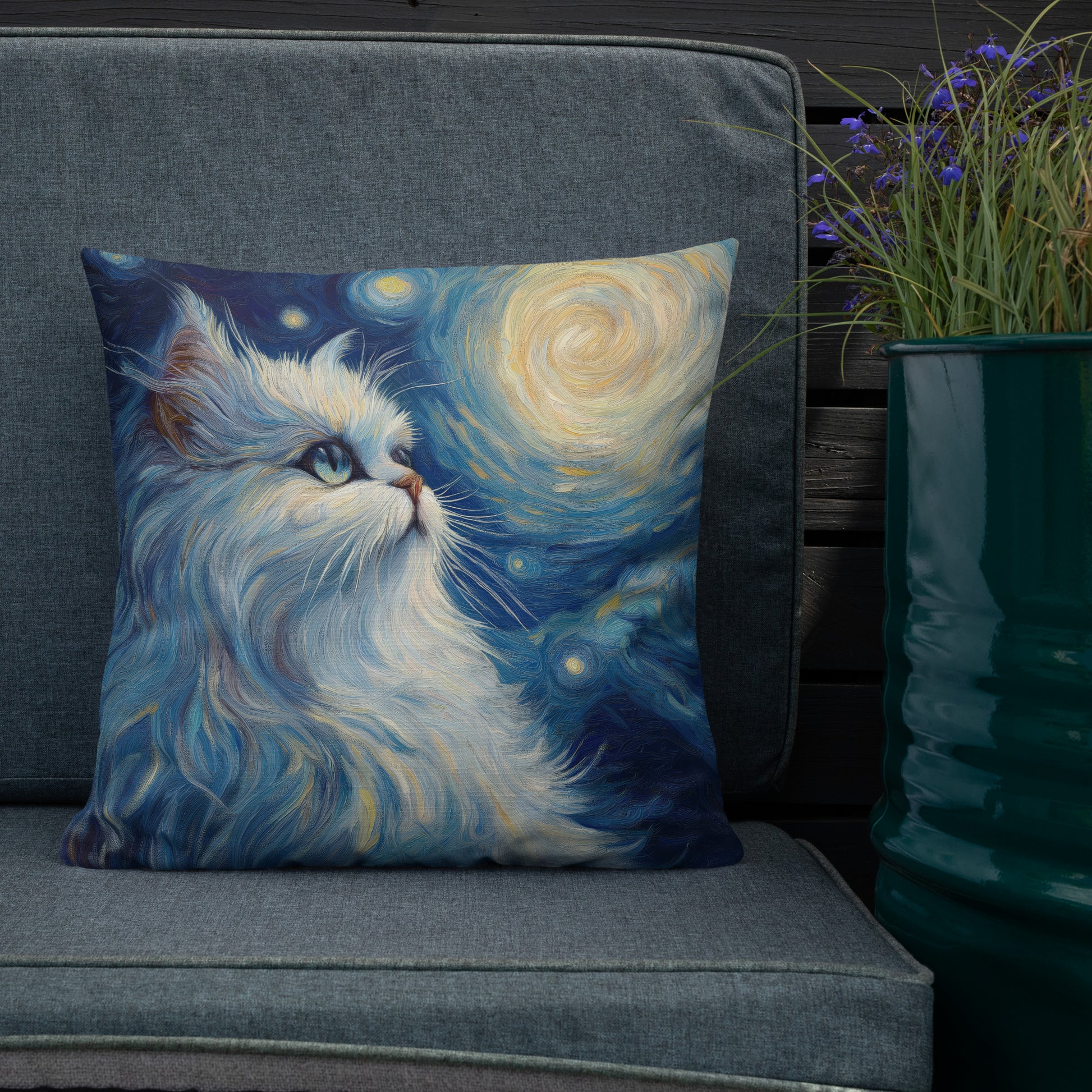 Van Gogh inspired Persian cat accent pillow for living room décor