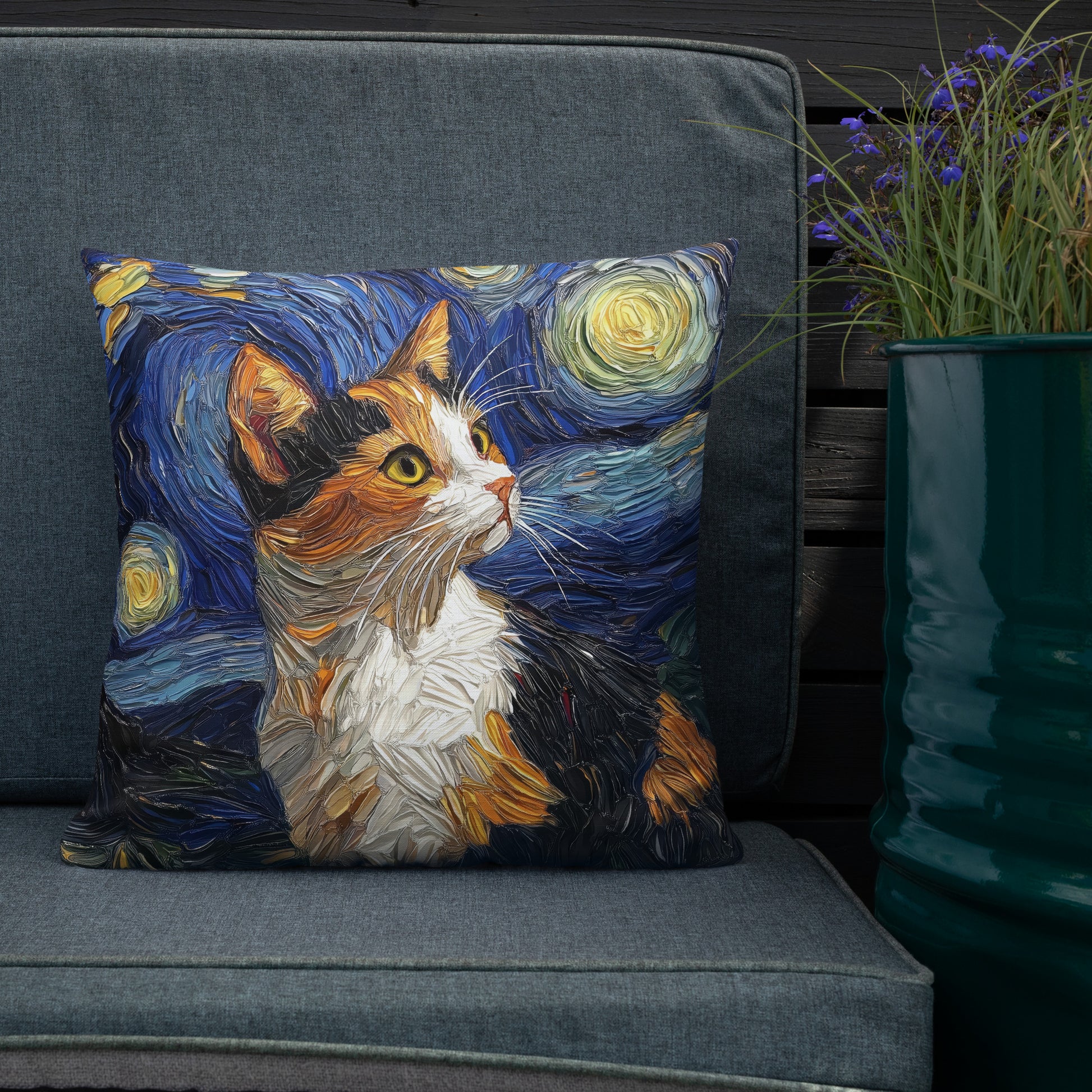 Van Gogh inspired calico cat accent pillow for living room décor