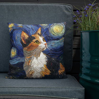 Van Gogh inspired calico cat accent pillow for living room décor