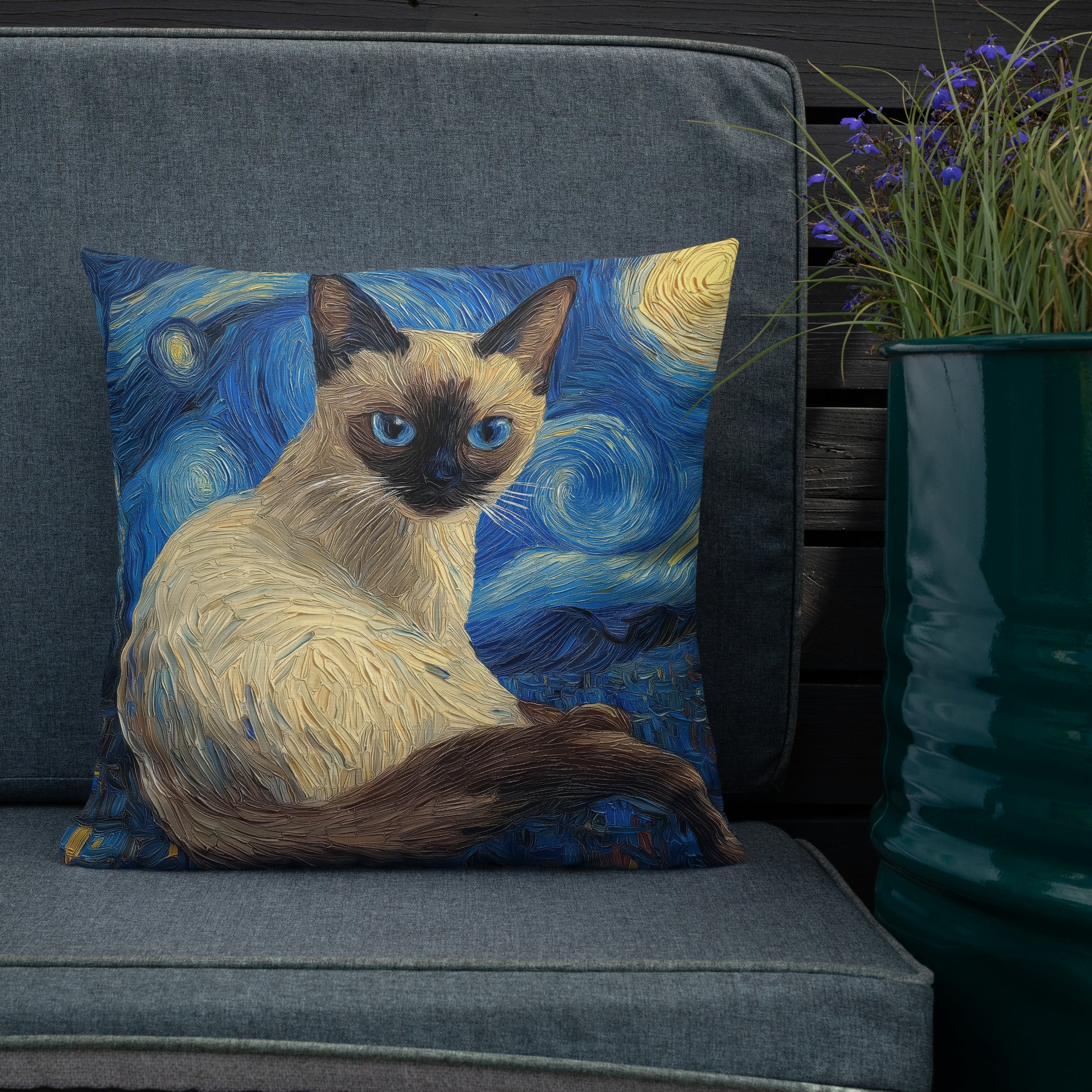 Van Gogh inspired Siamese cat accent pillow for living room décor