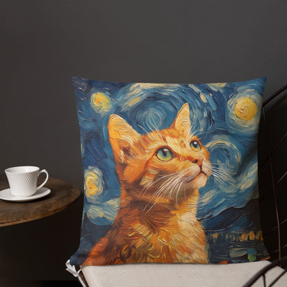 Orange tabby cat decorative throw pillow with Starry Night inspired artwork