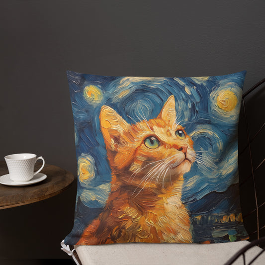 Orange tabby cat decorative throw pillow with Starry Night inspired artwork