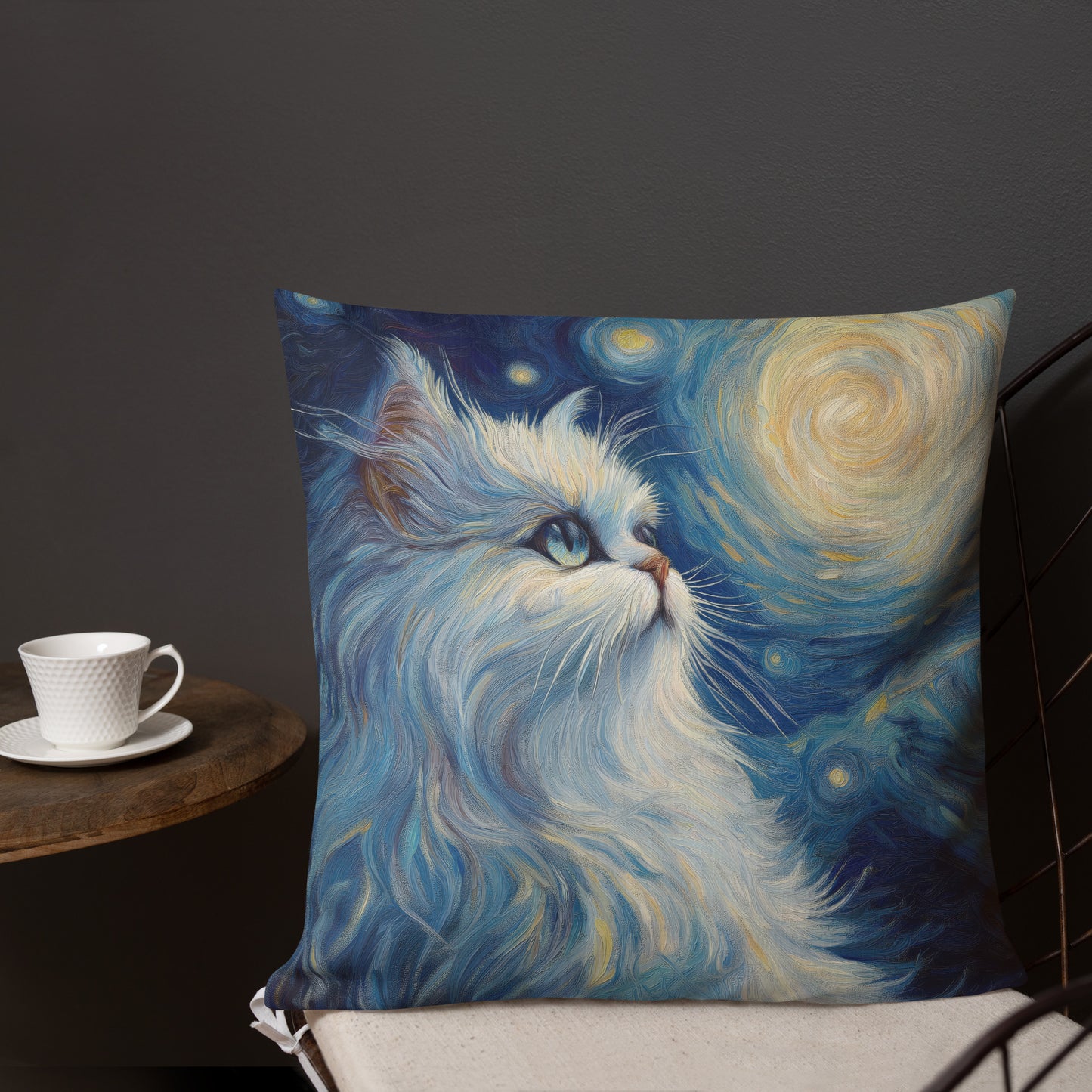 Persian cat decorative throw pillow with Starry Night inspired artwork