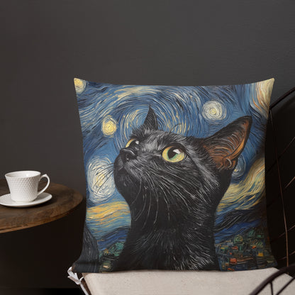 Black void cat decorative throw pillow with Starry Night inspired artwork