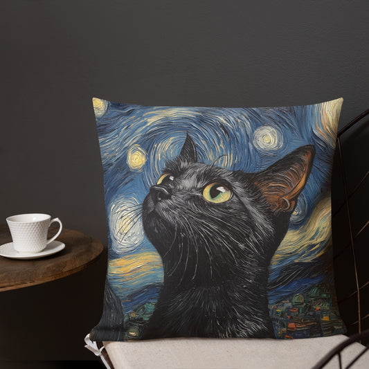 Black void cat decorative throw pillow with Starry Night inspired artwork
